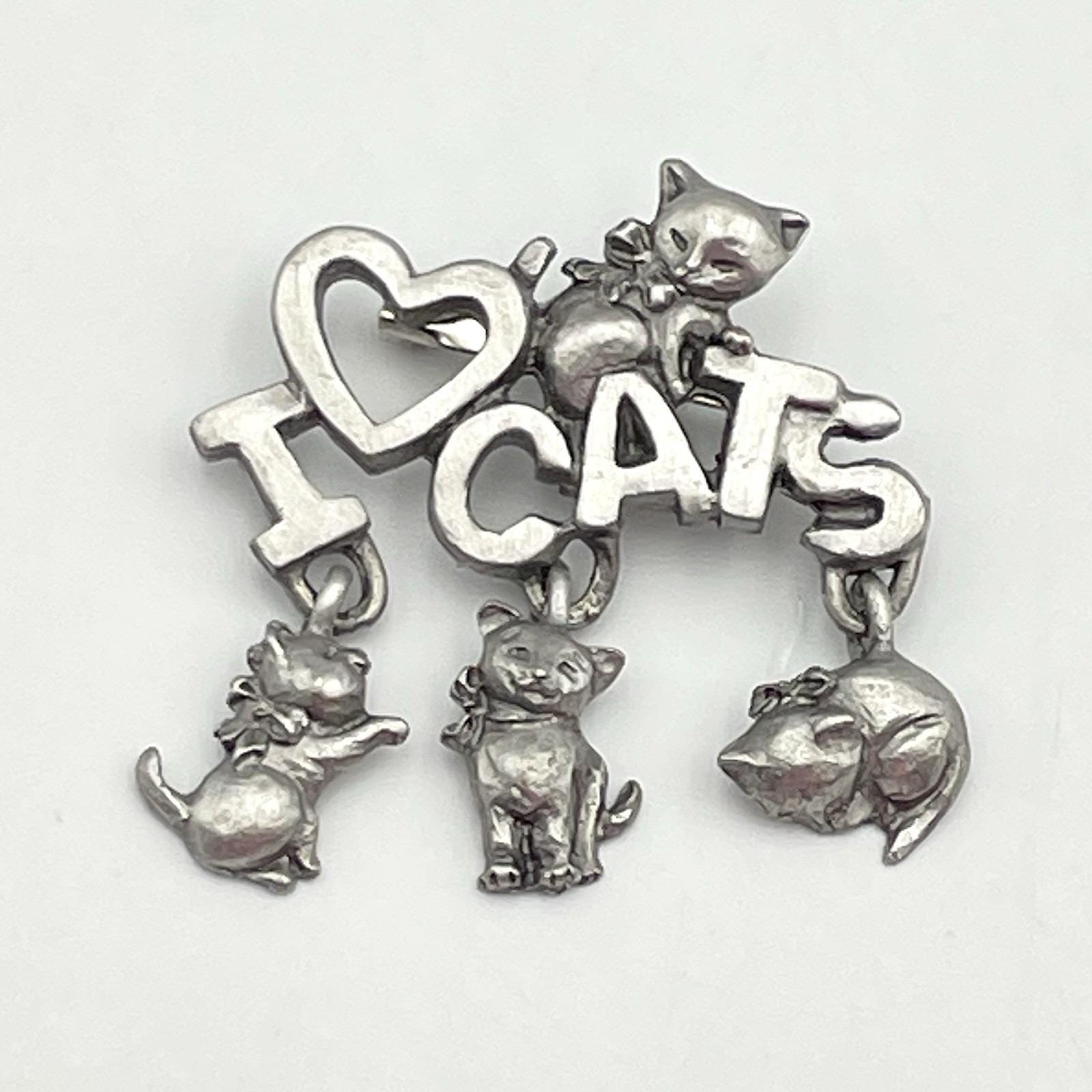 Vintage 1990s Spoontiques 4192 I Love Cats Kittens Dangle Brooch Pin Pewter Tone